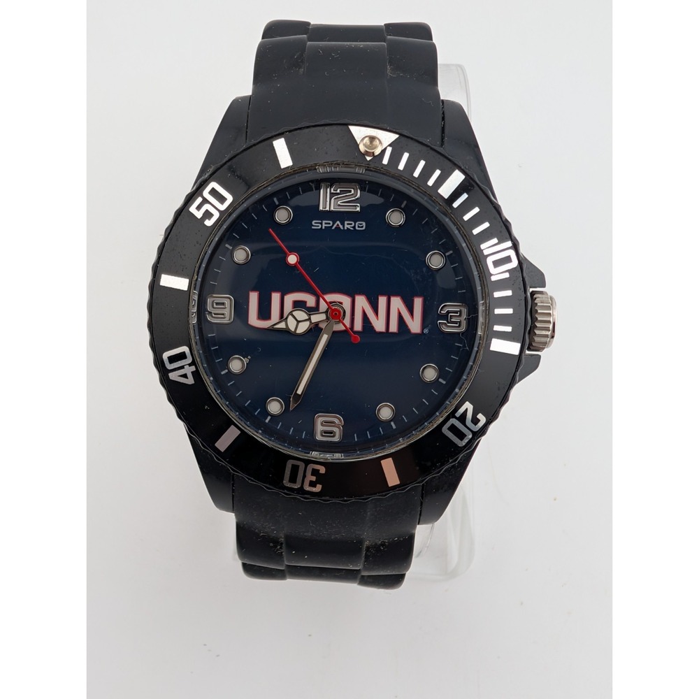 Sparo UCONN Men's Watch 42mm Case Black Silicone Band- New Battery